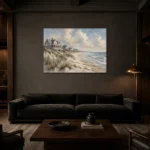 Expansive Shoreline Coastal Wall Art Canvas Print shown in a warm modern interior