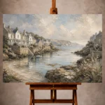 Serene Coastal Wall Art print featuring a sheltered bay with elegant seaside cottages, rocky shoreline, calm tidal waters, and distant cliffs for sophisticated interiors