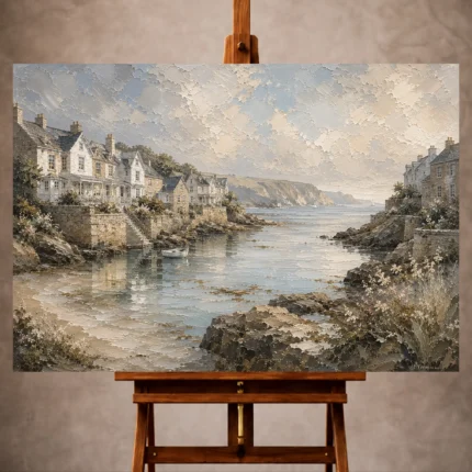 Serene Coastal Wall Art print featuring a sheltered bay with elegant seaside cottages, rocky shoreline, calm tidal waters, and distant cliffs for sophisticated interiors