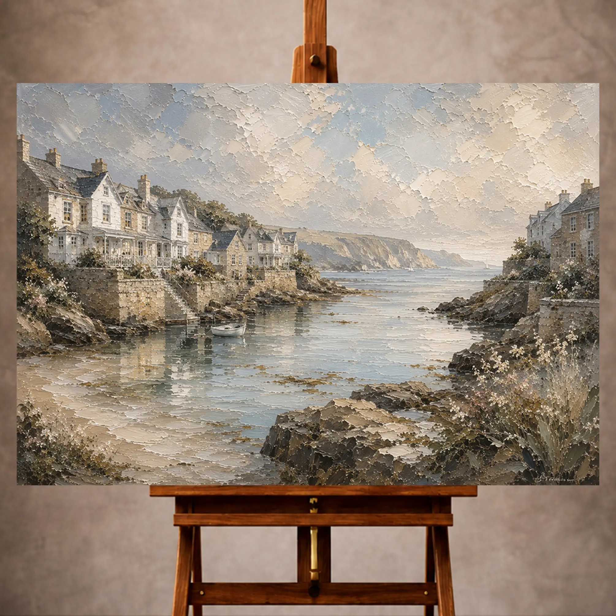 Premium Wall Art Yatay Html Edition – SEAWALL012 Image 1 Serene Coastal Wall Art print featuring a sheltered bay with elegant seaside cottages, rocky shoreline, calm tidal waters, and distant cliffs for sophisticated interiors