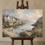 Sheltered Bay Coastal Wall Art Canvas Print displayed on a studio easel