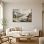 Sheltered Bay Coastal Wall Art Canvas Print styled in a refined neutral interior