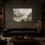 Sheltered Bay Coastal Wall Art Canvas Print shown in a warm modern interior