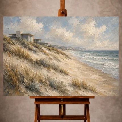 Elegant Coastal Wall Art print featuring sweeping golden dunes, contemporary coastal architecture, native grasses, and a tranquil blue-gray sea for sophisticated interiors