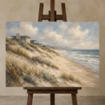 Golden Dunes Coastal Wall Art Canvas Print displayed on a studio easel