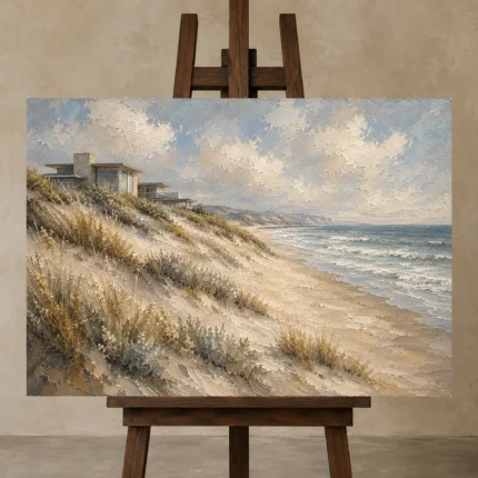 Golden Dunes Coastal Wall Art Canvas Print shown in Studio Easel