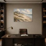 Golden Dunes Coastal Wall Art Canvas Print displayed in a contemporary gallery-inspired room