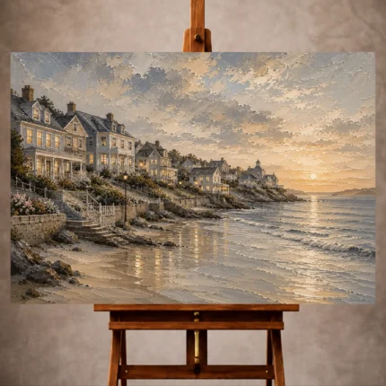 Elegant Coastal Wall Art print featuring a seaside village overlooking a quiet shoreline with warm evening light and reflective ocean waves for sophisticated interiors