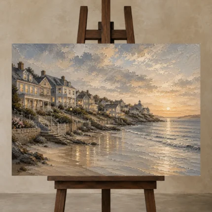 Evening Coastal Village Coastal Wall Art Canvas Print shown in Studio Easel