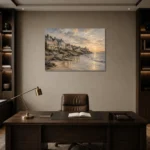 Evening Coastal Village Coastal Wall Art Canvas Print displayed in a contemporary gallery-inspired room