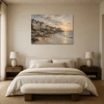Evening Coastal Village Coastal Wall Art Canvas Print showcased in an elegant minimalist interior