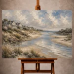 Serene Coastal Wall Art print featuring a winding tidal inlet, sandy shores, elegant coastal residences, and distant ocean waters for sophisticated interiors