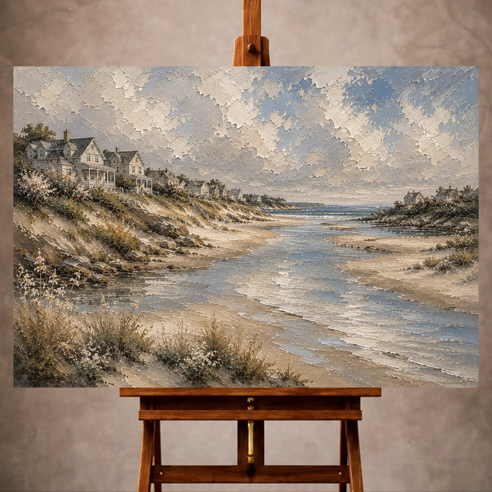 Premium Wall Art Yatay Html Edition – SEAWALL015 Image 1 Serene Coastal Wall Art print featuring a winding tidal inlet, sandy shores, elegant coastal residences, and distant ocean waters for sophisticated interiors