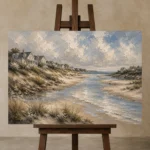 Tranquil Tidal Inlet Coastal Wall Art Canvas Print displayed on a studio easel