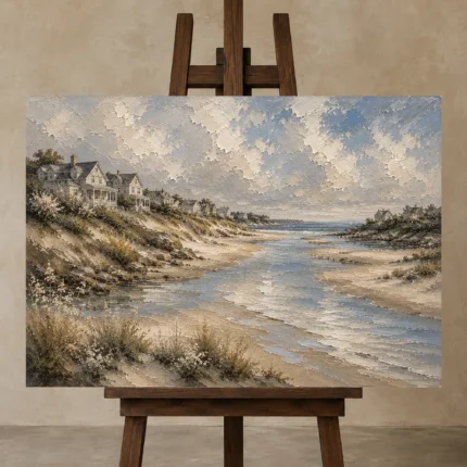 Tranquil Tidal Inlet Coastal Wall Art Canvas Print displayed on a studio easel