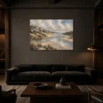 Tranquil Tidal Inlet Coastal Wall Art Canvas Print shown in a warm modern interior