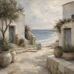 Whitewashed Coastal Courtyard Coastal Wall Art Canvas Print