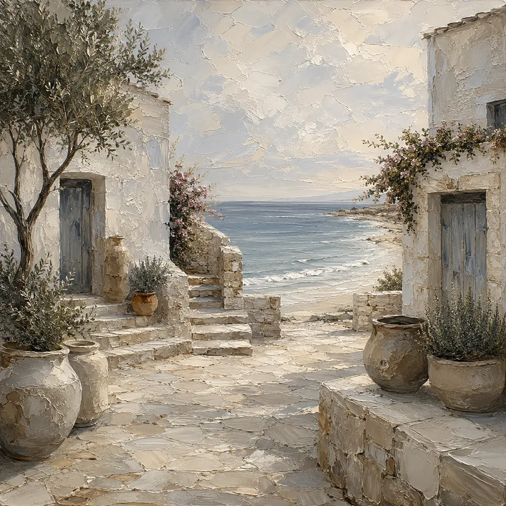 Whitewashed Coastal Courtyard Coastal Wall Art Canvas Print