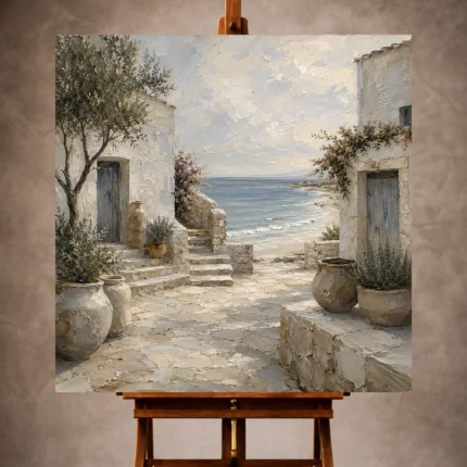 Elegant Coastal Wall Art print featuring whitewashed coastal homes, a stone courtyard, and a tranquil shoreline for sophisticated interiors