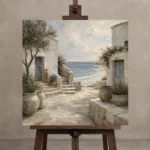 Whitewashed Coastal Courtyard Coastal Wall Art Canvas Print displayed on a studio easel