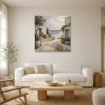 Whitewashed Coastal Courtyard Coastal Wall Art Canvas Print styled in a refined neutral interior