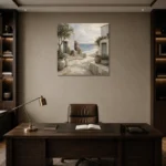 Whitewashed Coastal Courtyard Coastal Wall Art Canvas Print displayed in a contemporary gallery-inspired room