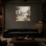 Whitewashed Coastal Courtyard Coastal Wall Art Canvas Print shown in a warm modern interior