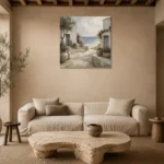 Whitewashed Coastal Courtyard Coastal Wall Art Canvas Print presented in a sophisticated home setting