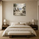 Whitewashed Coastal Courtyard Coastal Wall Art Canvas Print showcased in an elegant minimalist interior
