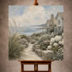 Elegant Coastal Wall Art print featuring a seaside garden with ornamental grasses, flowering coastal shrubs, beach cottages, and calm ocean waters for sophisticated interiors