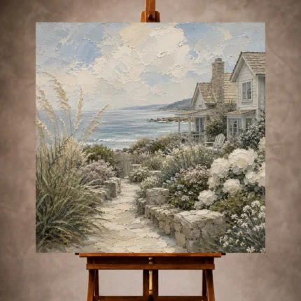 Elegant Coastal Wall Art print featuring a seaside garden with ornamental grasses, flowering coastal shrubs, beach cottages, and calm ocean waters for sophisticated interiors