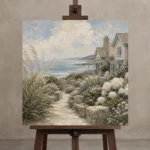 Seaside Garden Coastal Wall Art Canvas Print displayed on a studio easel