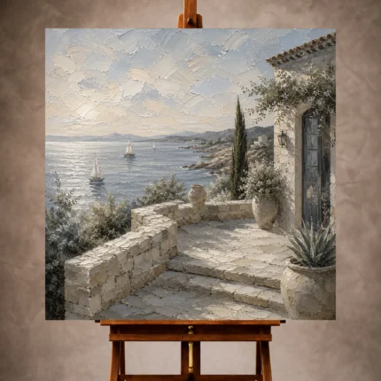 Elegant Coastal Wall Art print featuring an oceanfront terrace with natural stone walls, coastal architecture, distant sailboats, and a tranquil shoreline for sophisticated interiors
