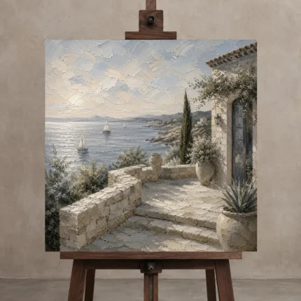 Oceanfront Terrace Coastal Wall Art Canvas Print displayed on a studio easel