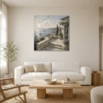 Oceanfront Terrace Coastal Wall Art Canvas Print styled in a refined neutral interior