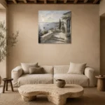Oceanfront Terrace Coastal Wall Art Canvas Print presented in a sophisticated home setting