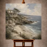 Serene Coastal Wall Art print featuring a secluded sandy cove, rugged cliffs, an elegant coastal residence, and gentle ocean waves for sophisticated interiors