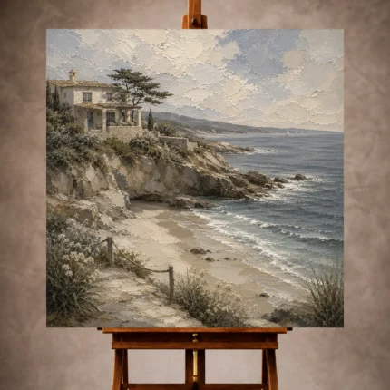 Serene Coastal Wall Art print featuring a secluded sandy cove, rugged cliffs, an elegant coastal residence, and gentle ocean waves for sophisticated interiors