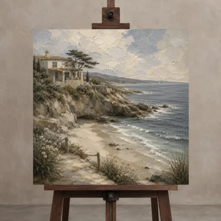 Secluded Sandy Cove Coastal Wall Art Canvas Print displayed on a studio easel