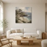 Secluded Sandy Cove Coastal Wall Art Canvas Print styled in a refined neutral interior