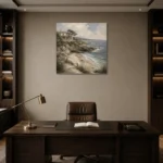 Secluded Sandy Cove Coastal Wall Art Canvas Print displayed in a contemporary gallery-inspired room