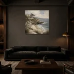 Secluded Sandy Cove Coastal Wall Art Canvas Print shown in a warm modern interior