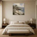 Secluded Sandy Cove Coastal Wall Art Canvas Print showcased in an elegant minimalist interior