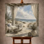 Elegant Coastal Wall Art print featuring a seaside veranda with linen curtains, wooden columns, rolling dunes, peaceful beaches, and a calm blue-gray sea for sophisticated interiors