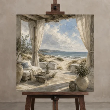 Seaside Veranda Coastal Wall Art Canvas Print displayed on a studio easel