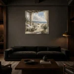 Seaside Veranda Coastal Wall Art Canvas Print shown in a warm modern interior
