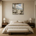 Seaside Veranda Coastal Wall Art Canvas Print showcased in an elegant minimalist interior