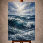 Deep blue Ocean Wall Art print featuring towering rolling waves beneath luminous coastal skies for elegant interiors