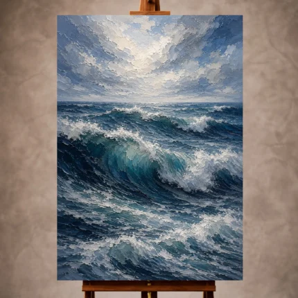 Deep blue Ocean Wall Art print featuring towering rolling waves beneath luminous coastal skies for elegant interiors