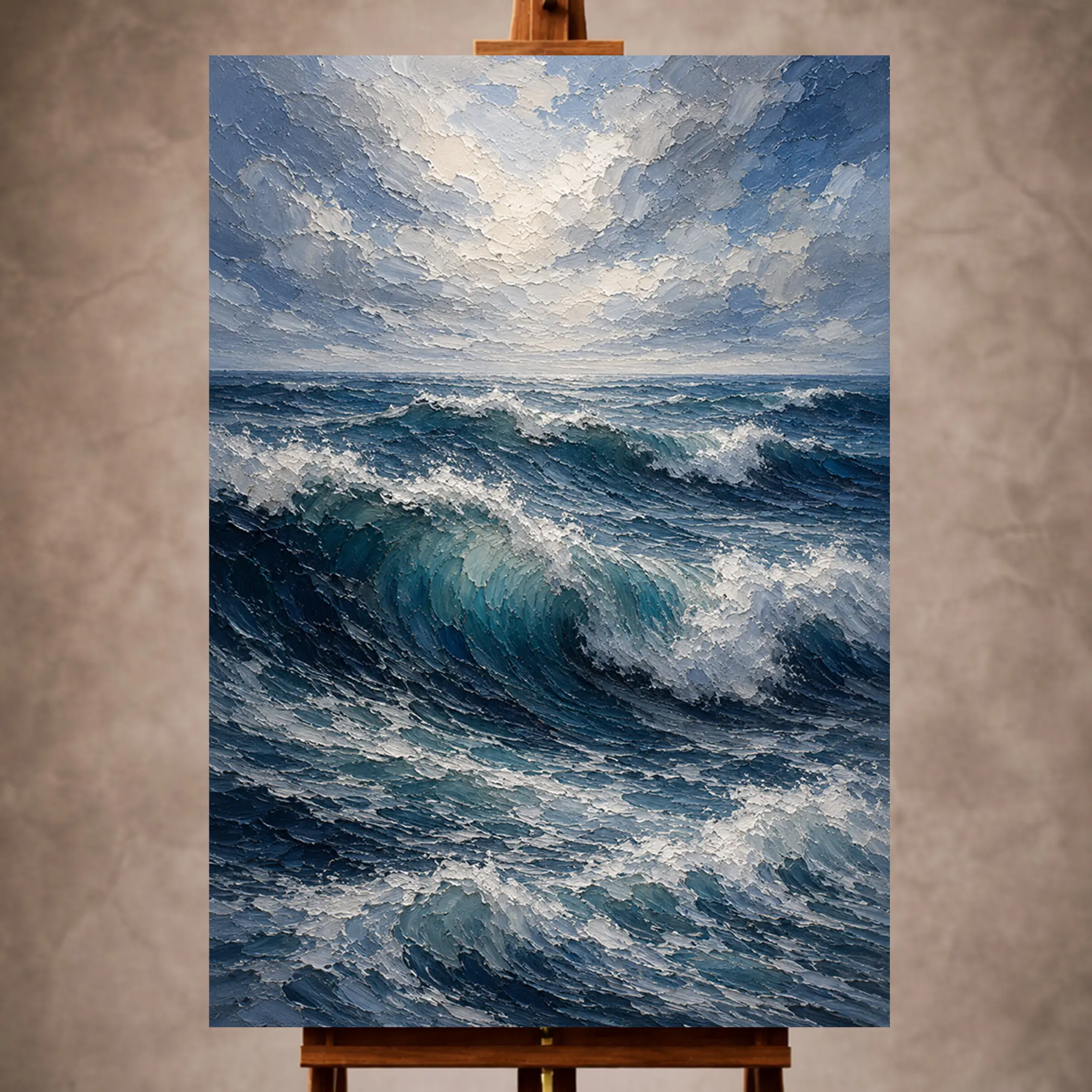 Premium Wall Art Dikey Html Edition – SEAWALL021 Image 1 Deep blue Ocean Wall Art print featuring towering rolling waves beneath luminous coastal skies for elegant interiors